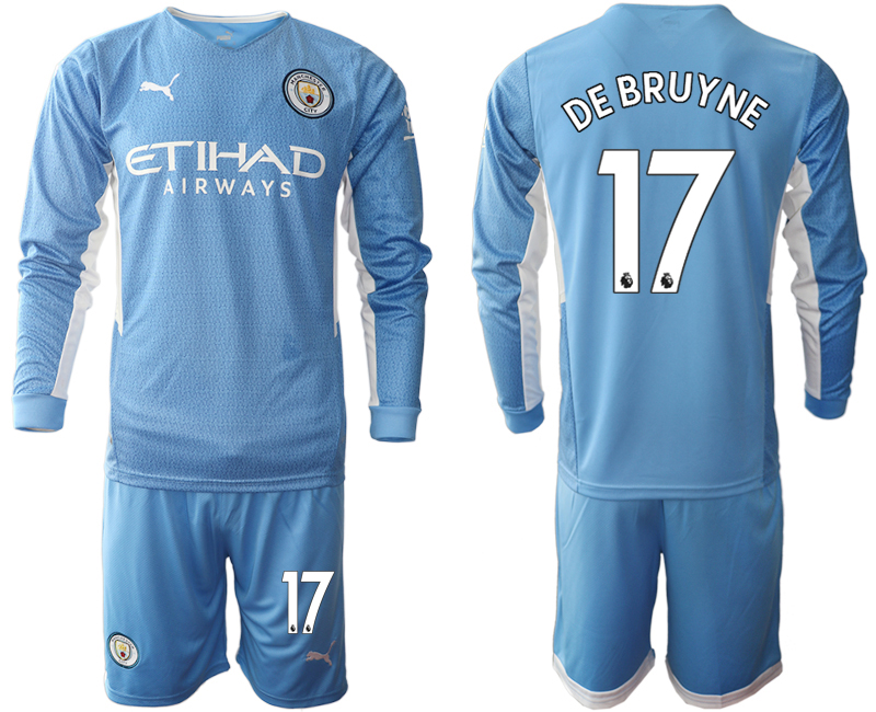Men 2021-2022 Club Manchester city home Light blue Long Sleeve #17 Soccer Jersey